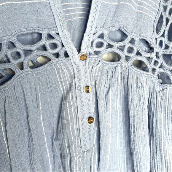 NEW Free People Cedar Lace Trim Popover Blouse Top Blue Gauze Cotton Medium - Picture 6 of 11